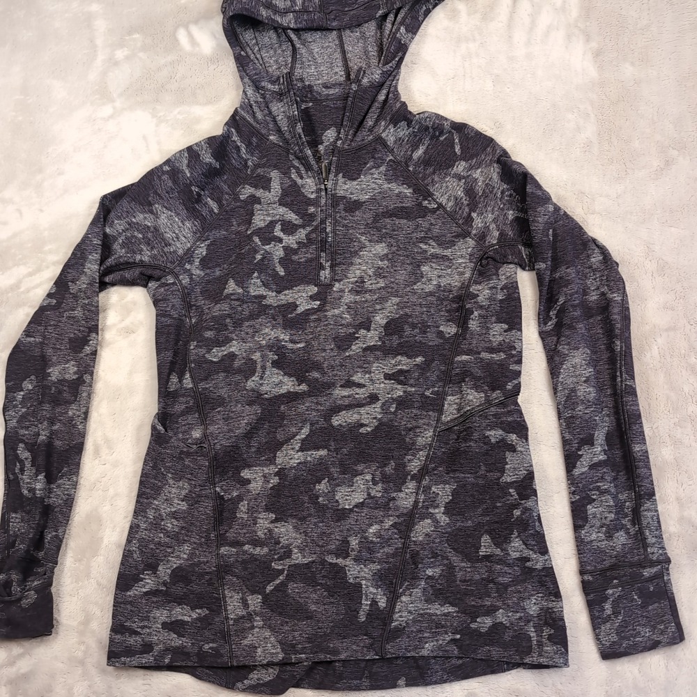 Lululemon Warm Stabilizer 1/2 Zip Hoodie Womens 4 Gray Camo Thumbhole Pocket
